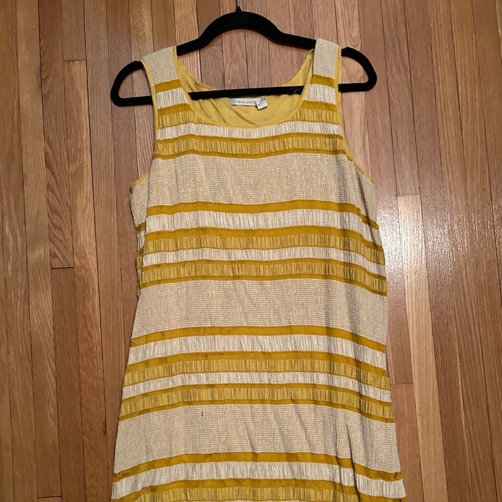 Chelsea and Violet Mustard yellow dress with cream stripes.